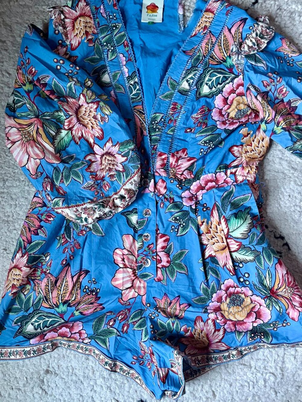 Farm Rio Wonderful Bouquet Blue Cotton Romper women's size XL FLAWED [READ]